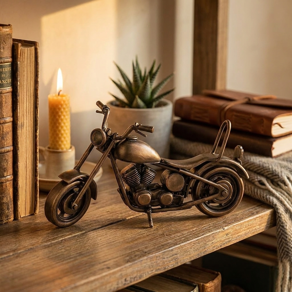 Metal Motorcycle Figurine, Bronze Finish, Decorative Cruiser Bike Statue, Home D – detail