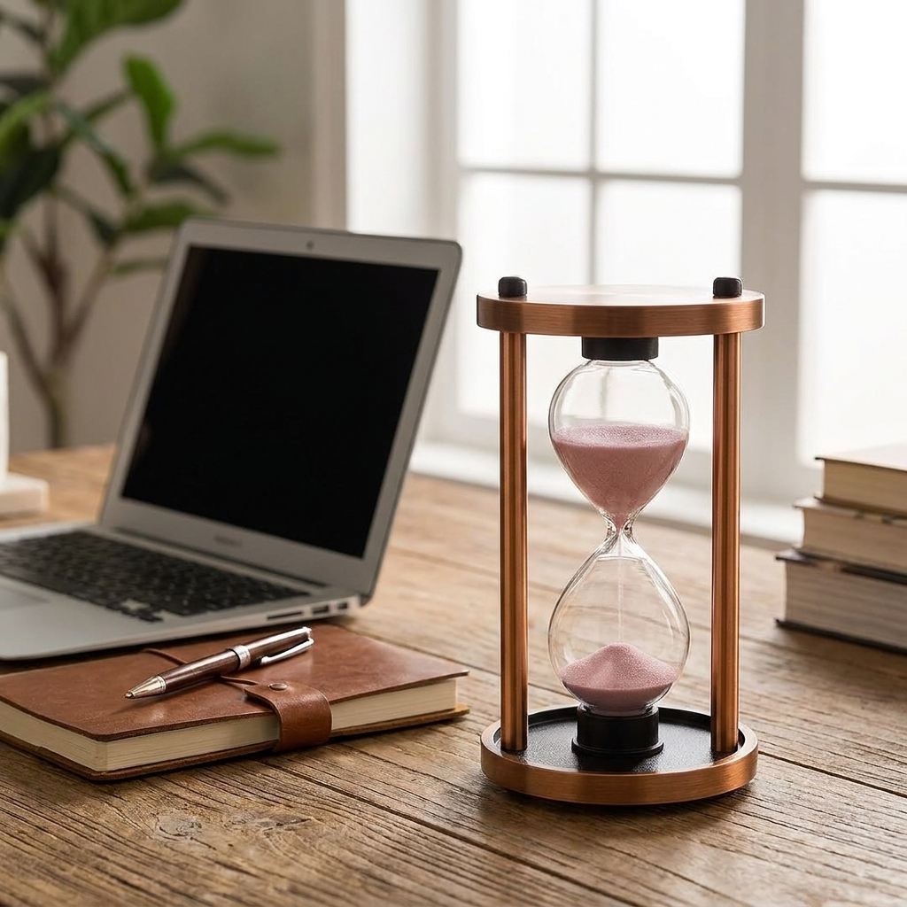 Hourglass Sand Timer, Copper Frame with Pink Sand, Glass and Metal Construction, – lifestyle