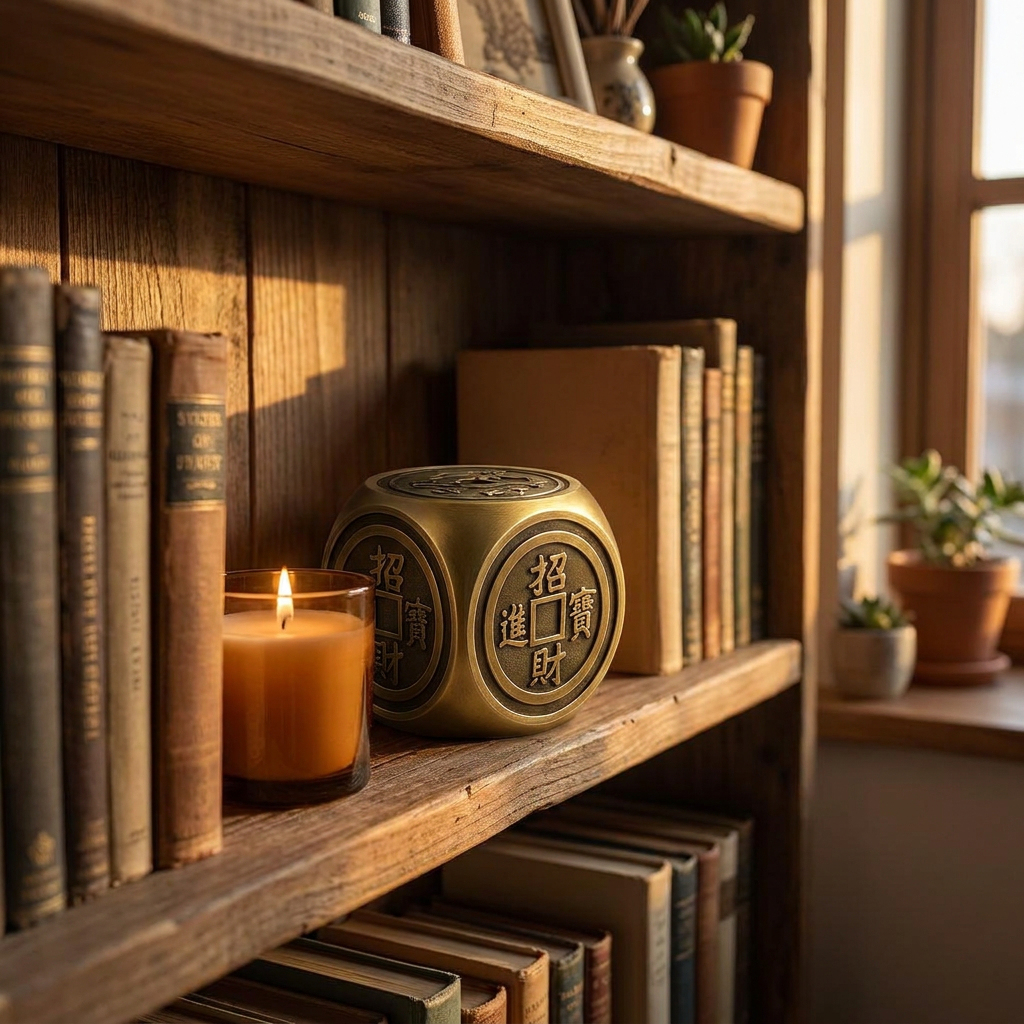 Brass Chinese Coin Cube Desk Ornament, Gold Finish, Fortune Prosperity Symbol, D – detail