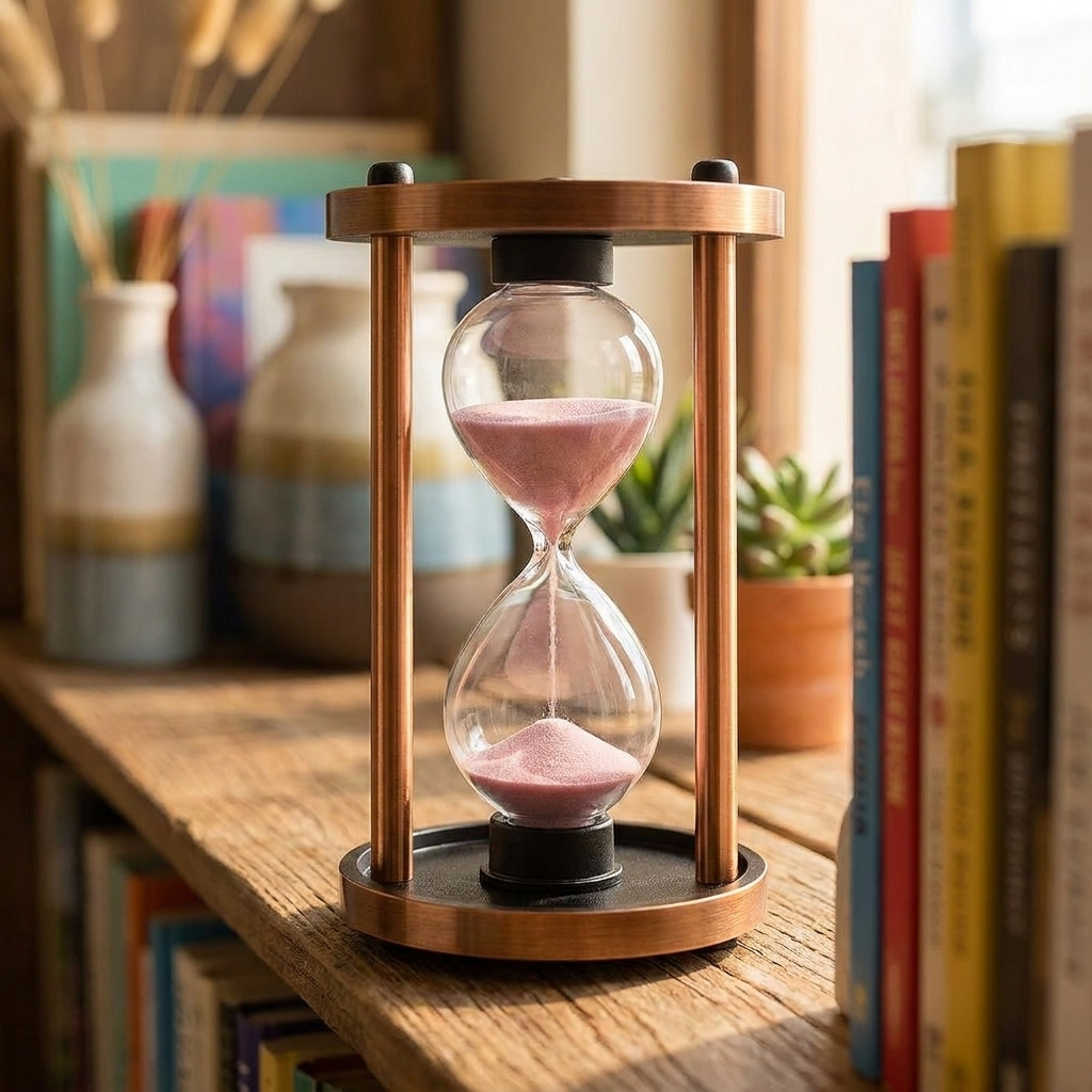 Hourglass Sand Timer, Copper Frame with Pink Sand, Glass and Metal Construction, – detail