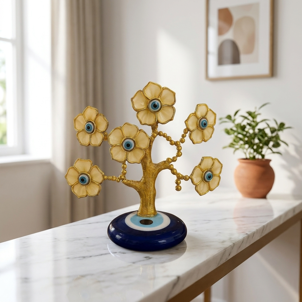Evil Eye Tree Decor, Gold with Blue Eye Flowers, Decorative Figurine, Home Prote – lifestyle