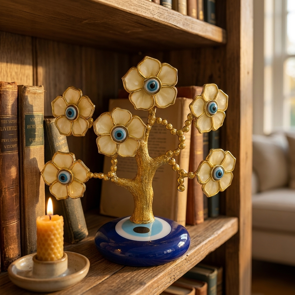 Evil Eye Tree Decor, Gold with Blue Eye Flowers, Decorative Figurine, Home Prote – detail