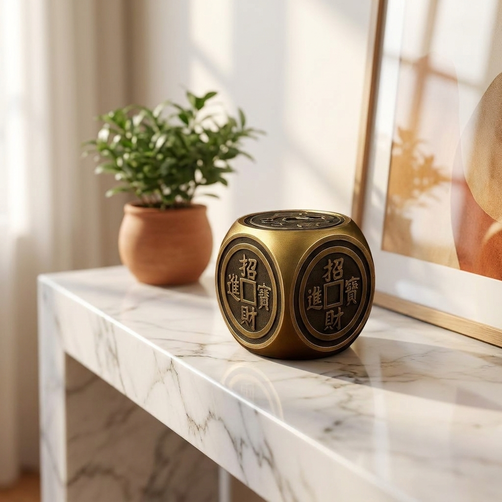 Brass Chinese Coin Cube Desk Ornament, Gold Finish, Fortune Prosperity Symbol, D – lifestyle