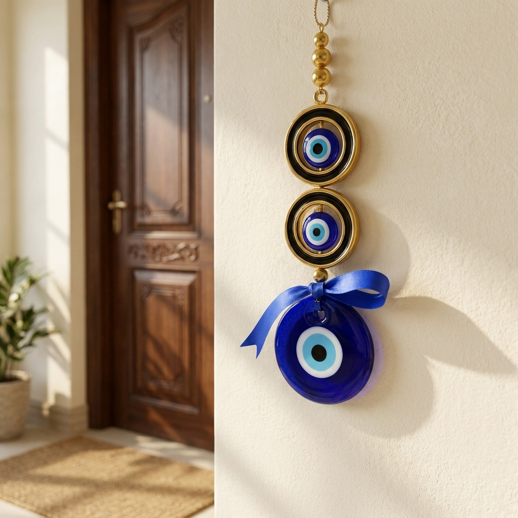 Evil Eye Wall Hanging Ornament, Gold and Blue Glass, 3-Piece Traditional Design  – lifestyle