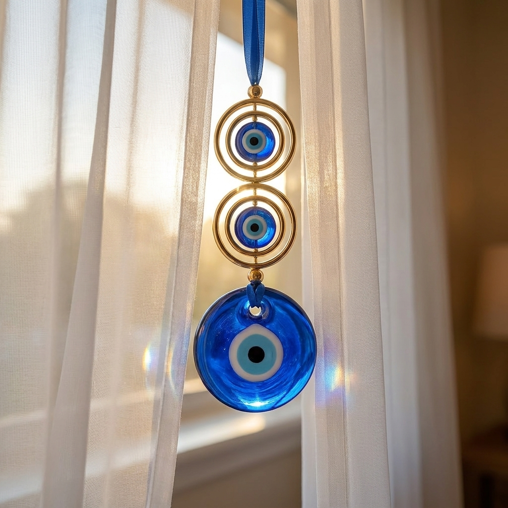 Evil Eye Wall Hanging Ornament, Gold and Blue Glass, 3-Piece Traditional Design  – detail