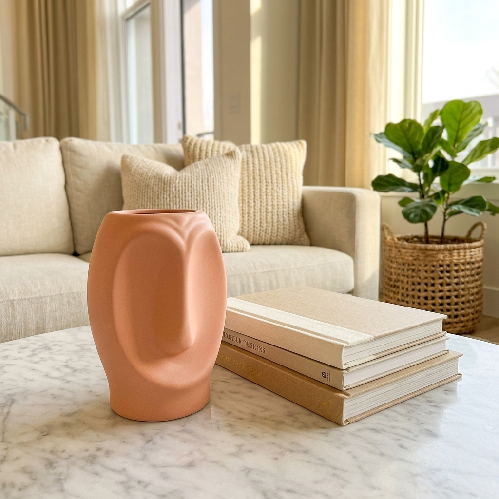 Modern Ceramic Decorative Face Vase, Coral Pink, Minimalist Design – detail