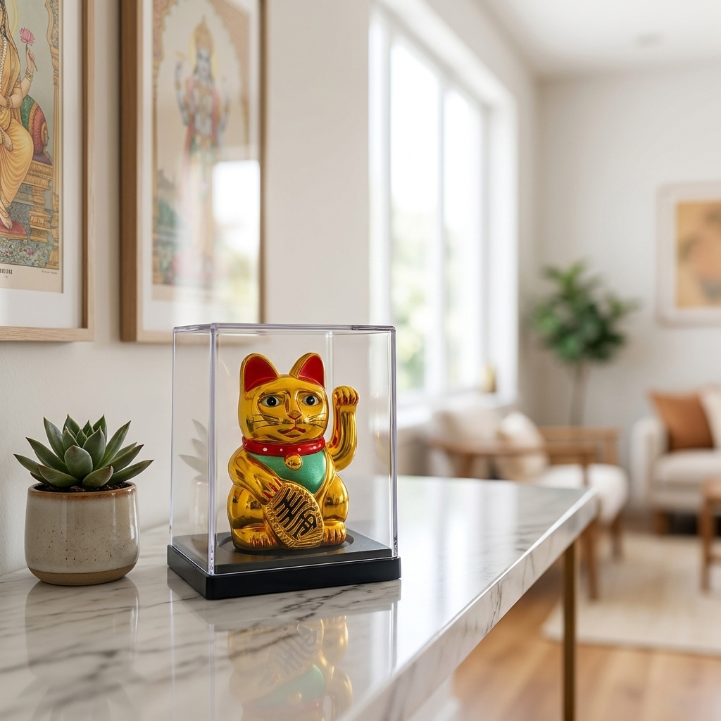 Lucky Cat Figurine - Moves Hand with Solar Energy Comes with Display Case, Gold  – lifestyle