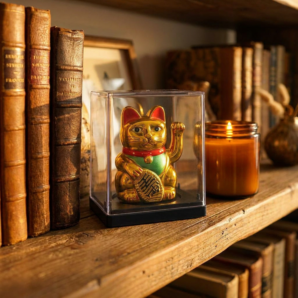 Lucky Cat Figurine - Moves Hand with Solar Energy Comes with Display Case, Gold  – detail