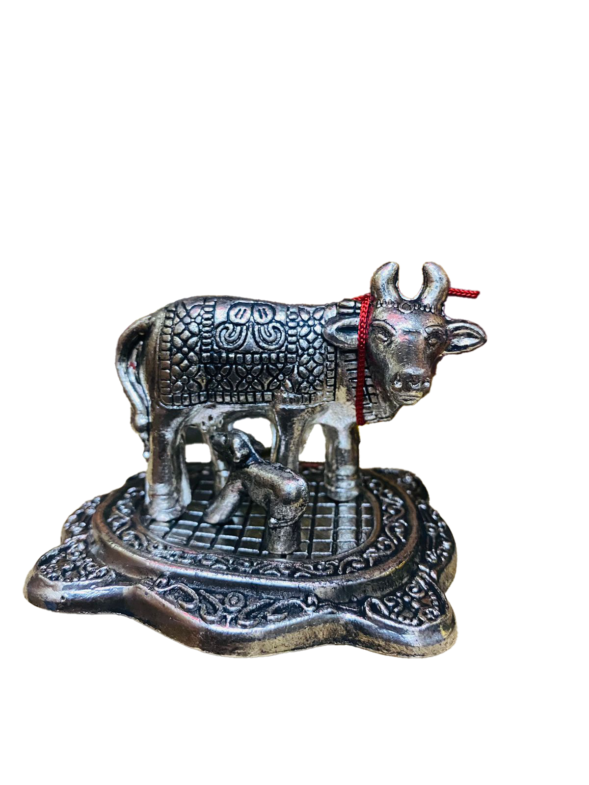 Manifested Decor Silver Oxidised Silver Finished Cow & Calf Figurine Idol for Home Decorative/Office/Gifting/Pooja Like Brass and Metal Showpiece Statue (Silver Colour, Small)