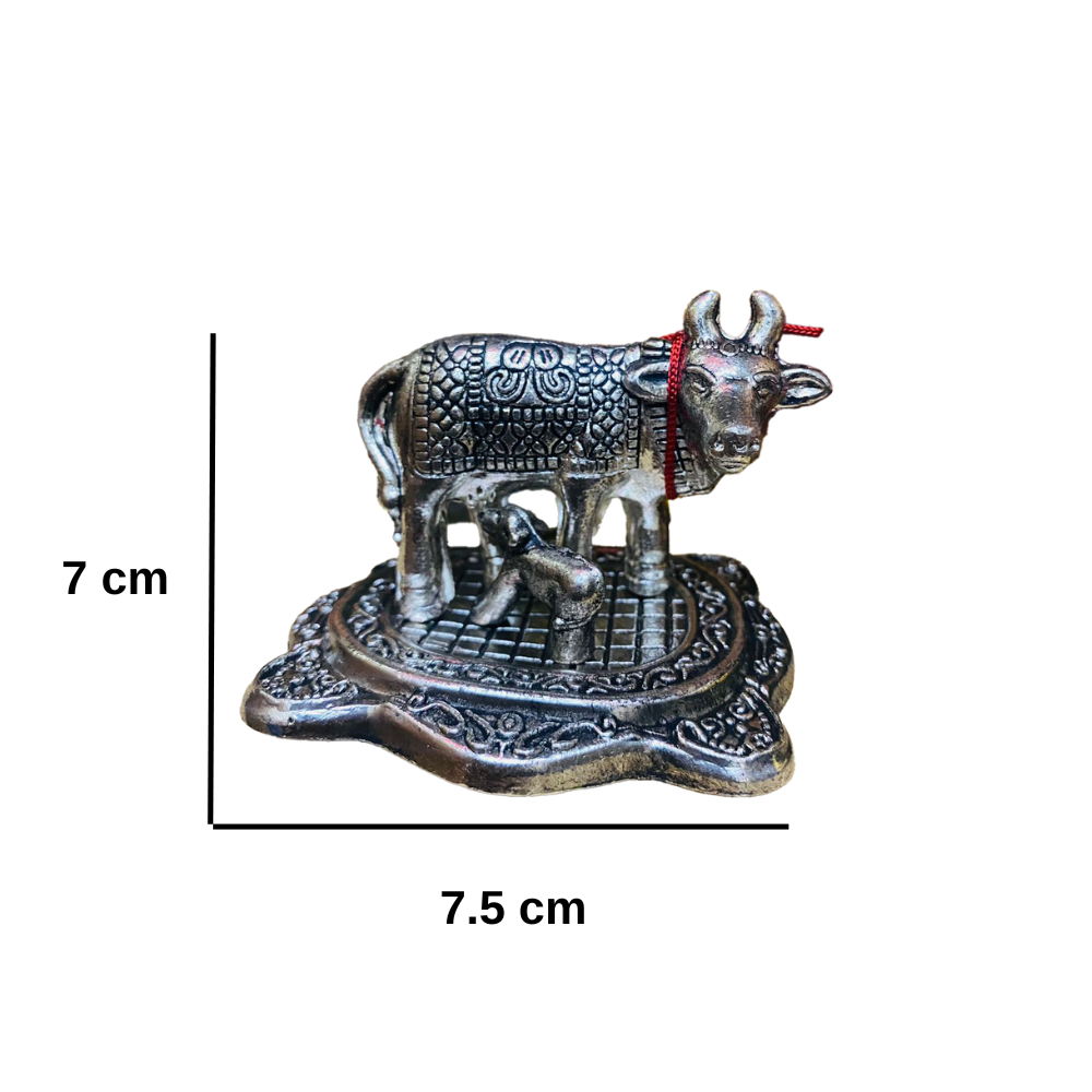 Manifested Decor Silver Oxidised Silver Finished Cow & Calf Figurine Idol for Home Decorative/Office/Gifting/Pooja Like Brass and Metal Showpiece Statue (Silver Colour, Small)