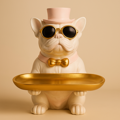 Manifested Decor Decorative French Bulldog Figurine, Gold Accents, Top Hat and Sunglasses, with Golden Tray